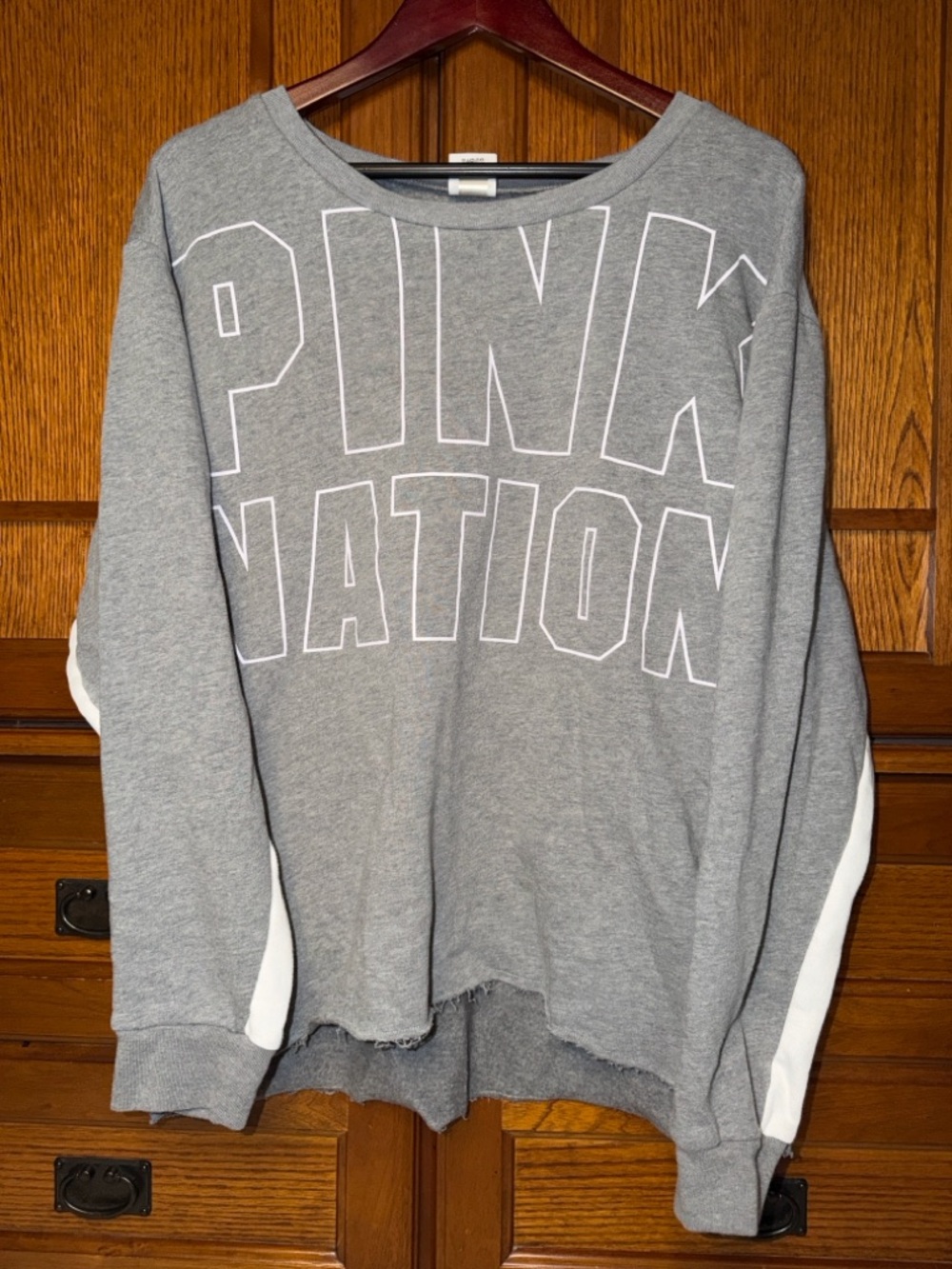 Victoria’s Secret PINK Nation Campus Crewneck Sweatshirt Raw Hem Varsity Stripe